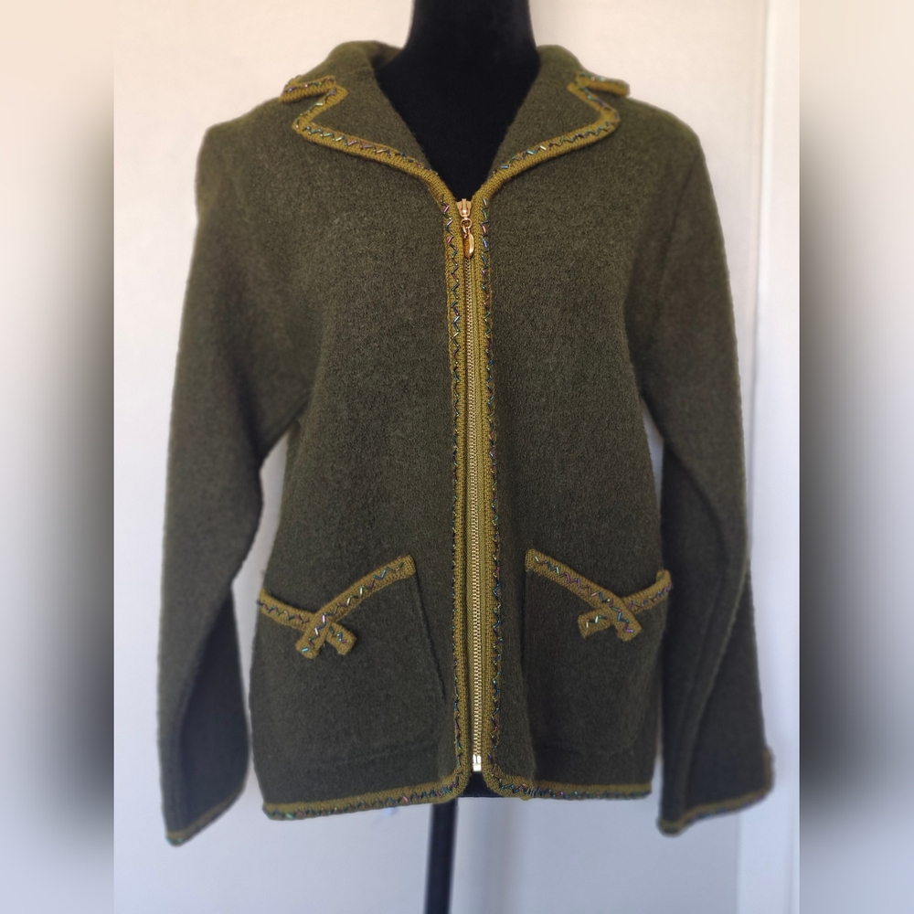 Lisa International Olive Green Zip Front Wool Blend Jacket
